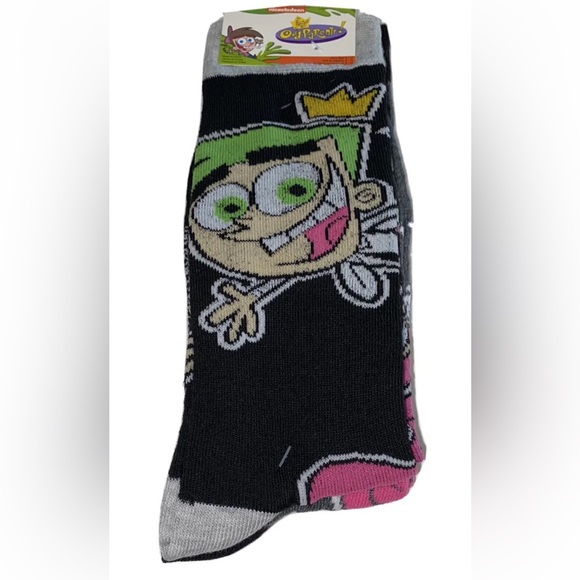 The Fairly Odd Parents! Crew Socks 2 Pair Men 6-12 Black Gray w Cosmo Wanda Nick - Picture 11 of 12